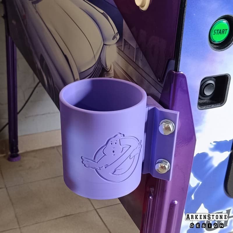 Porte boisson pour flipper sur le thème de Ghostbusters - monté sur flipper à gauche sans boisson
